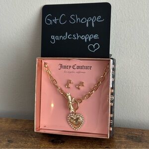 New Juicy Couture Gold Color Stud Earrings Necklace Set Bows Chain Toggle Heart